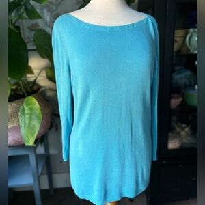 Talbots Teal Blue Linen Eyelet Boat Neck Cardigan Sweater - Medium